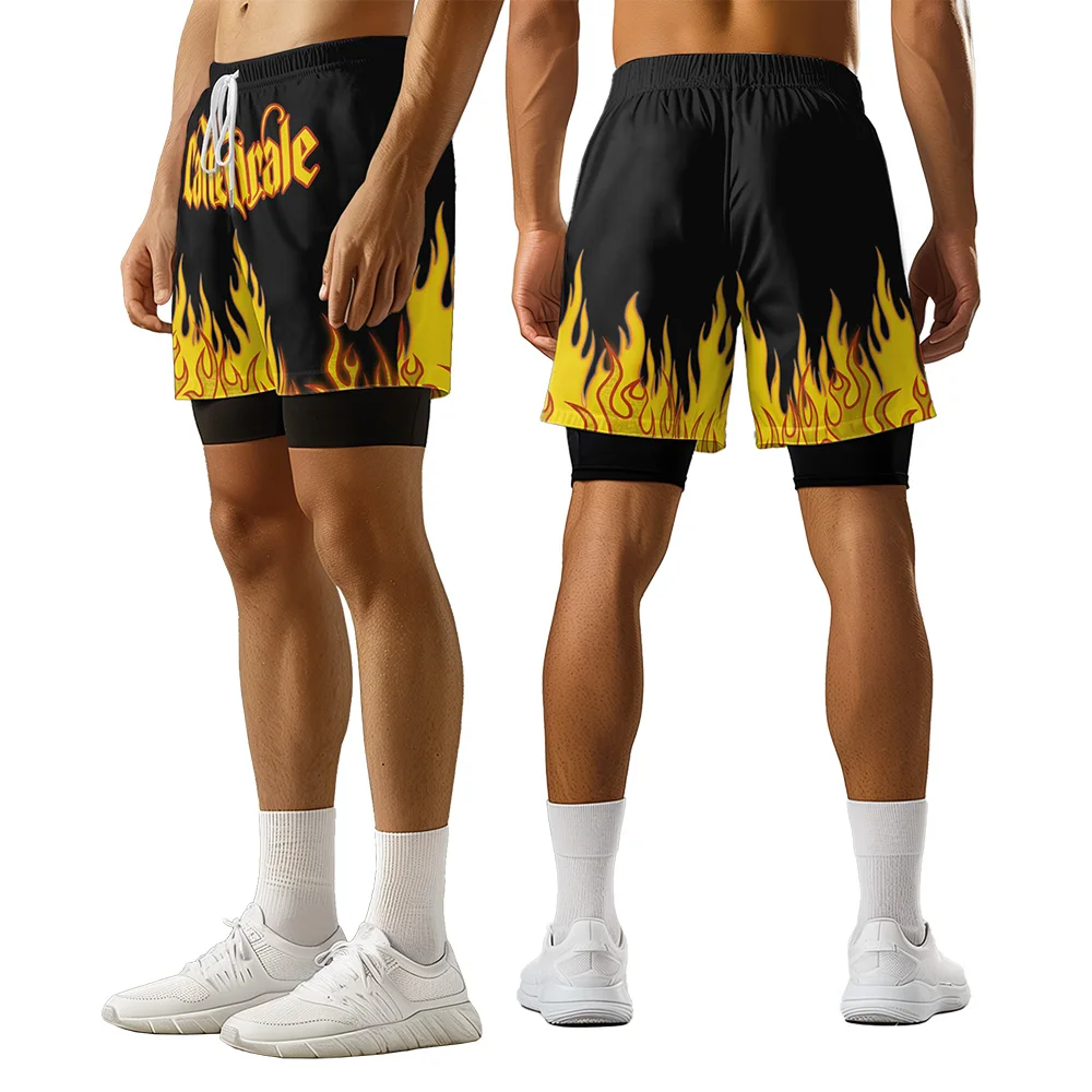 

Original Summer High Street Style 3D Premium Print Casual Trend Alphabet Sports Skateboard style Yellow Flame shorts