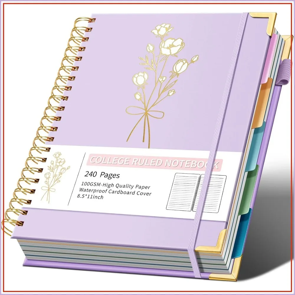 5 Subject Spiral Notebook 8.5x11, College Ruled 240 Pages, 100GSM Paper, Hardcover with Dividers, Cute Floral Design for Work & School