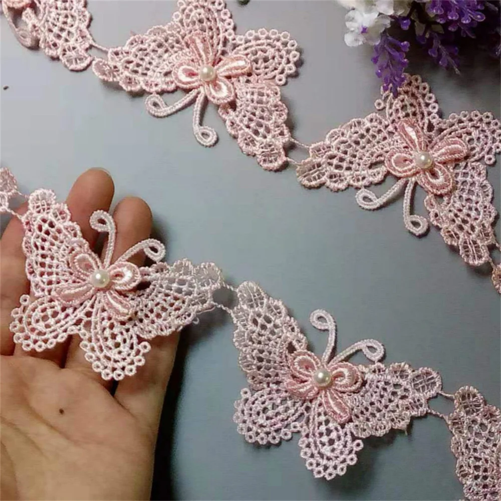 2 Yard Pink Butterfly Pearl Embroidered Lace Trim Ribbon Applique Sewing Craft Crochet Fabric Edging Trimmings Wedding