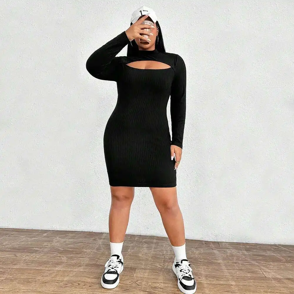 Tamanho grande feminino 2025 outono e inverno novo fino ajuste sexy temperamento manga comprida hip abraçando vestido elegantes casual y2k