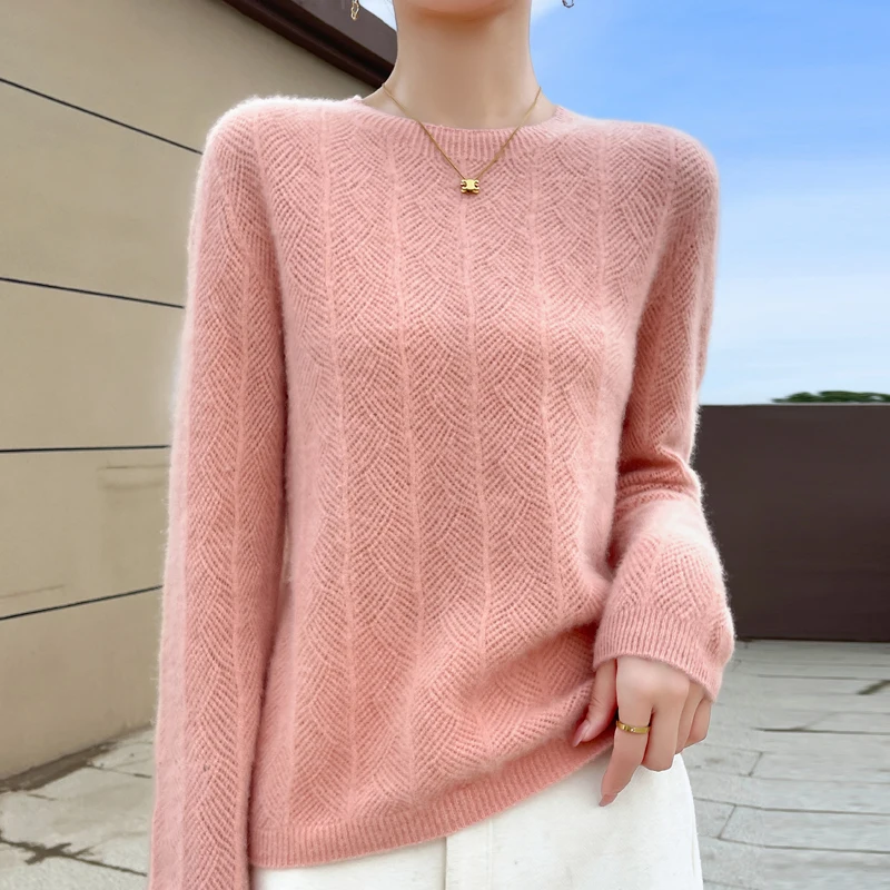 DjzDsm Women O-neck Pullover Sweater Hollow Out Long Sleeve Jumper 100% Merino Wool Knitwear Basic Casual Clothes Autumn Winter