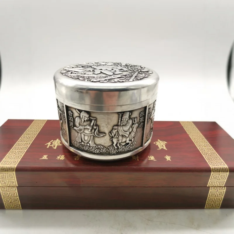 

Crafts Bronze Eight Immortals Pure Copper Silver-Plated Tea Canister Office Desktop Storage Jar Craft Ornament