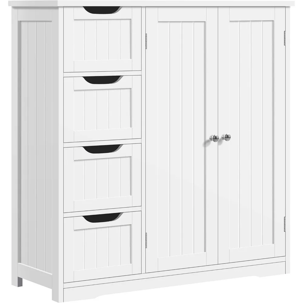 Wooden Bathroom Floor Cabinet, Side Storage Organizer Cabinet with 4 Drawers & Double Doors