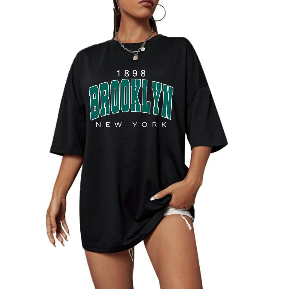 Hot 1898 Brooklyn New York Letter Drop Shoulder Print Women T-Shirt Vintage Clothes Female