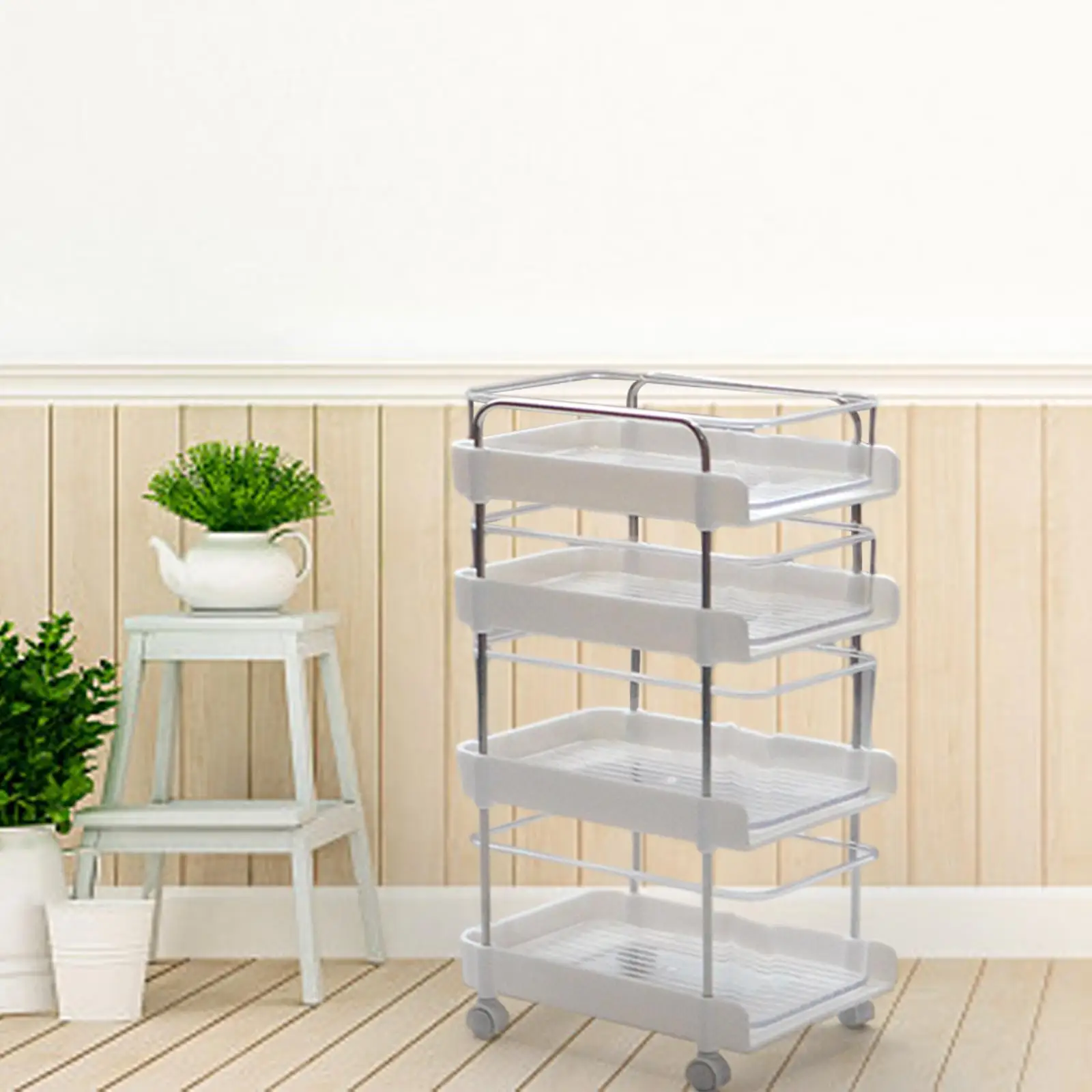 Carrello con rotelle a 4 livelli in miniatura per casa delle bambole 1:6 per progetti fai da te che costruiscono bianco