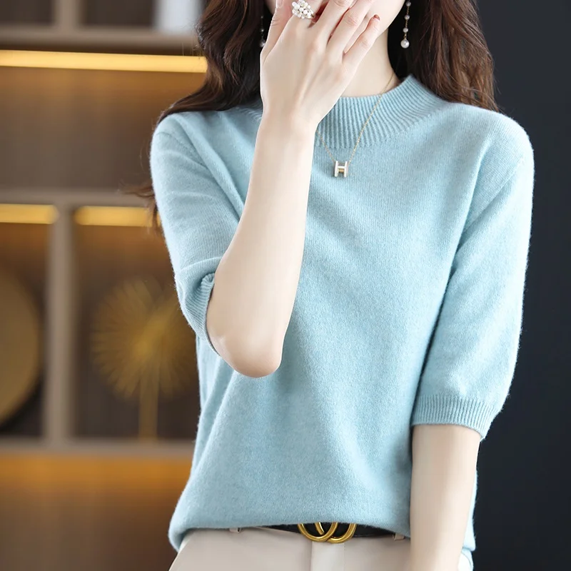 Women\'s Short Sleeve Seamless Cashmere Sweater Knitted 100% Pure Wool 2022 Spring Half Sleeve Fashion Korean Outerwear Pullover