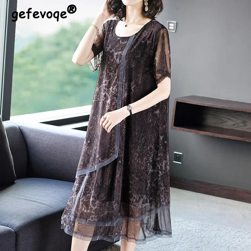 

Elegant Fashion Leopard Printed Asymmetrical Dresses Summer 2023 Short Sleeve O-Neck Oversized Loose Midi Dress Women's Clothing