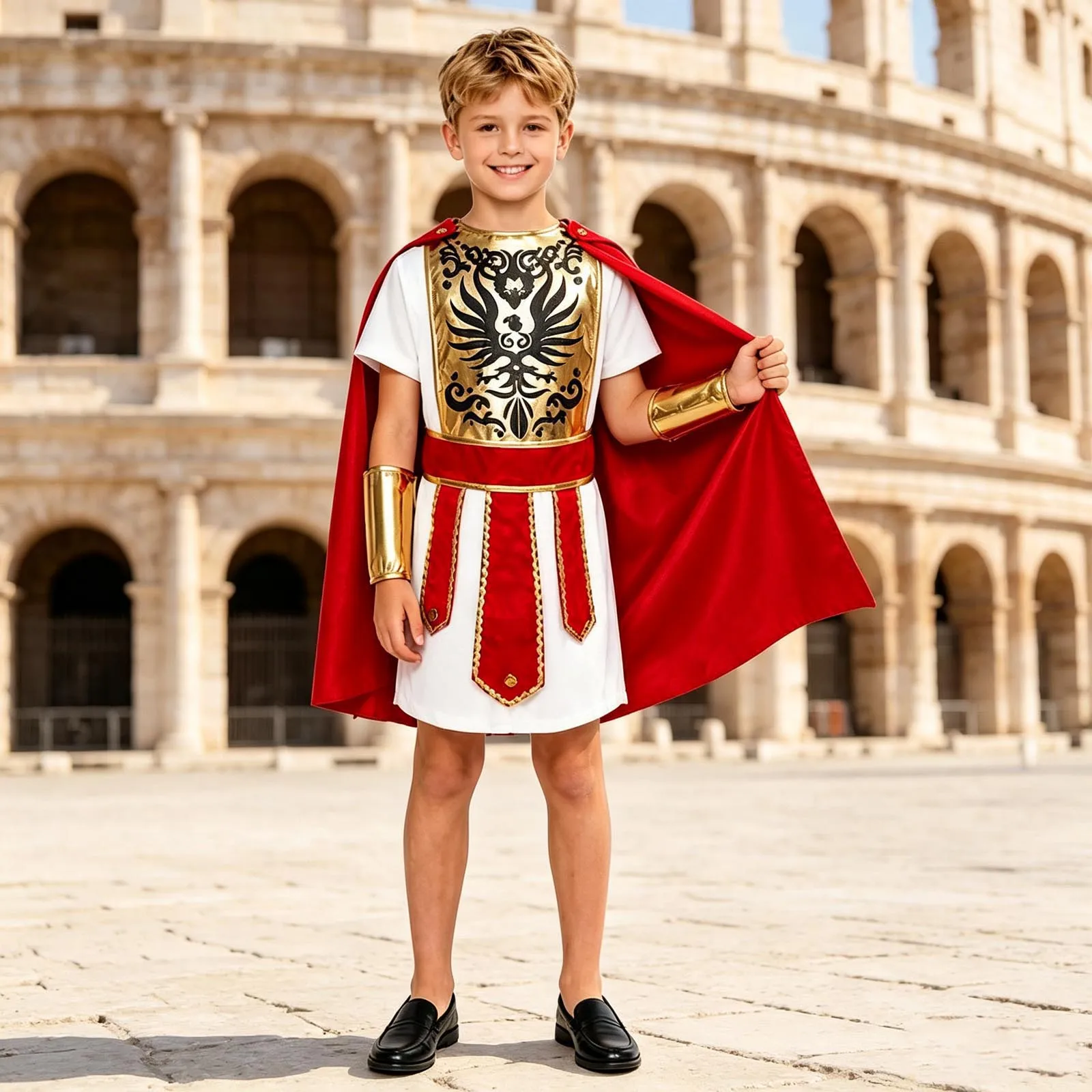 Halloween Roman Soldier Gladiator Dress Up Costume Boys Girls Ancient Greek Warrior Robe Dress with Cloak Waistband Wrist Guard