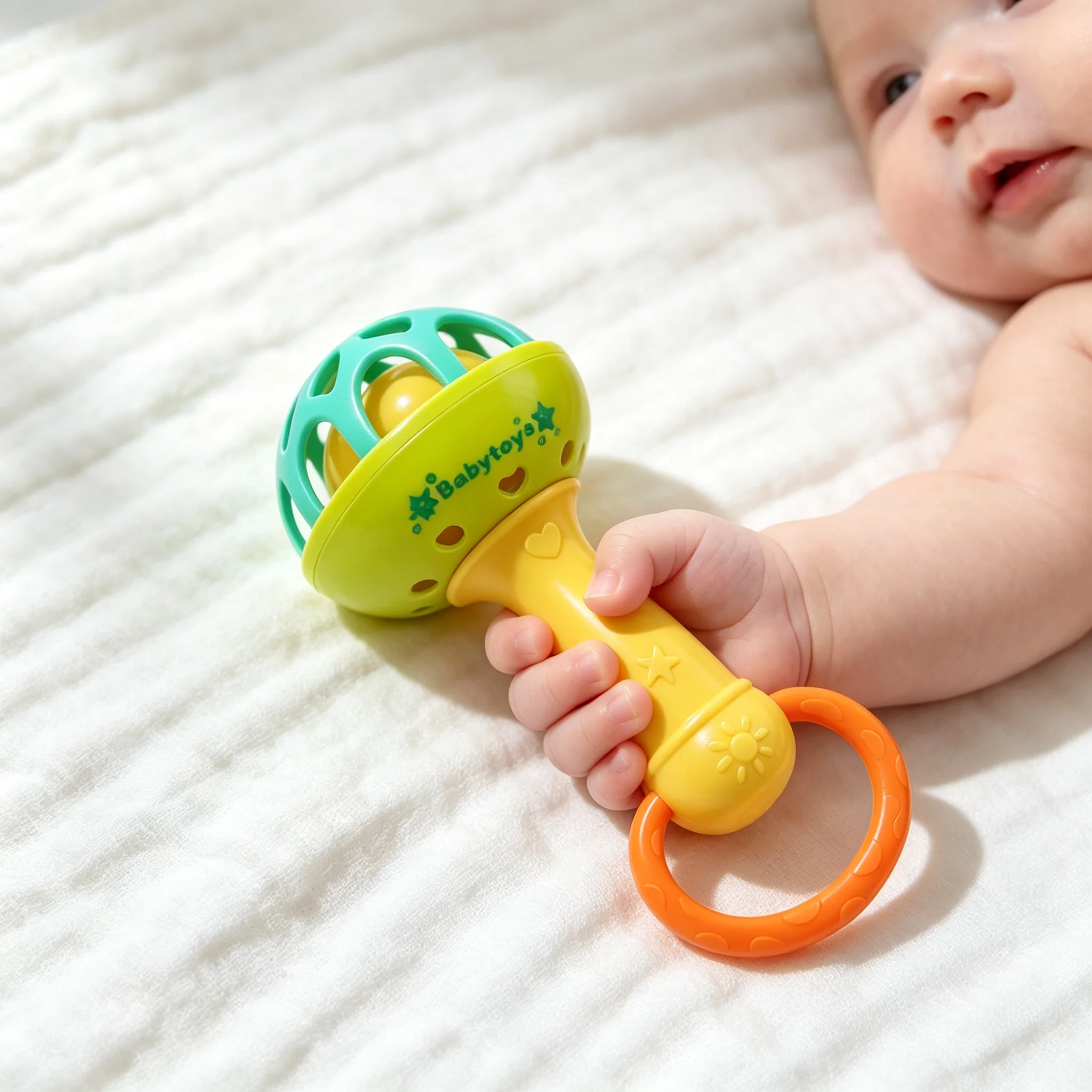 Trendy Baby Hand Rattle Toy, Suitable for 3 Months and Above, Montessori Sensory Teether Rattle, Easy-To-Grip Embossed Handle Rattle Toy, Early Brain Development Fine Motor Training Toy, Soothes Restless Babies, Calms