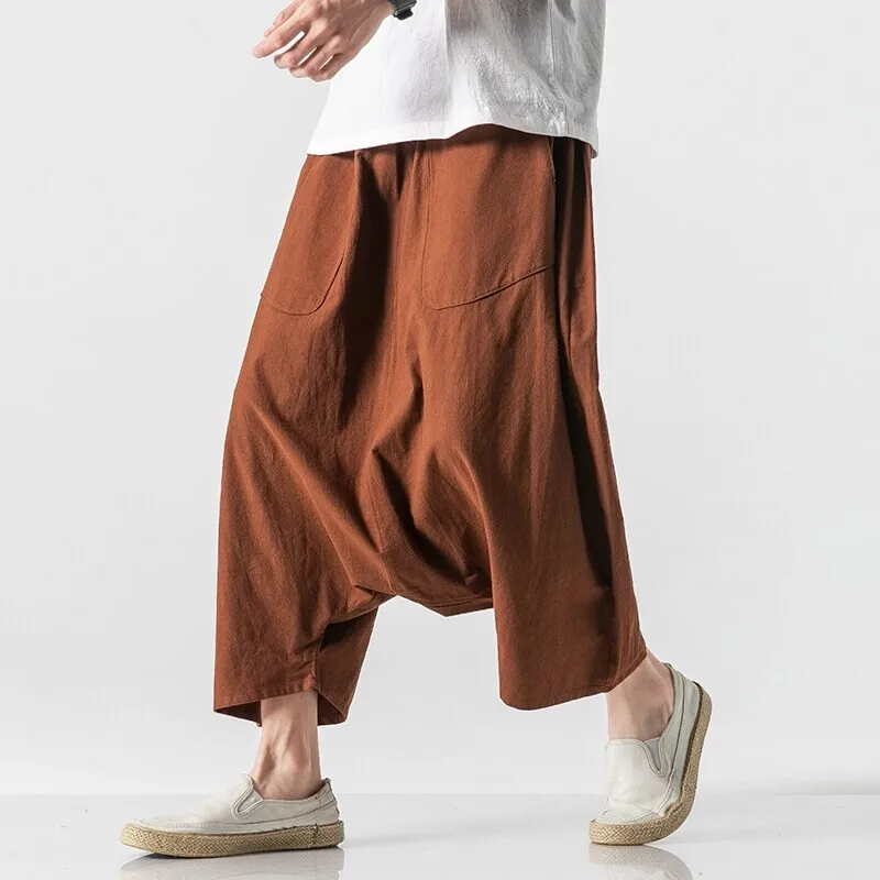 الرجال قطرة المنشعب الصليب السراويل القطن الكتان سراويلي حريمي الصيف ضوء رقيقة فضفاضة المتضخم الصلبة عادية بنطال ذو قصة أرجل واسعة الشارع الشهير الرجال