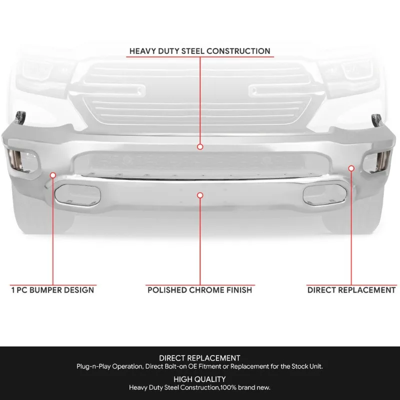 US For 19-24 Ram 1500 Chrome Stamped Steel Front Bumper Face Bar w/ Fog Light Holes