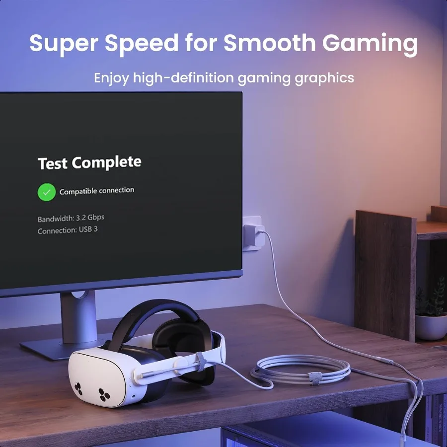 كابل ربط بتصميم KIWI مع شحن بطول 16 قدم متوافق مع Meta Quest 3S 3 2 Pro Pico 4 Accories والكمبيوتر SteamVR USB 3.0 إلى USB C