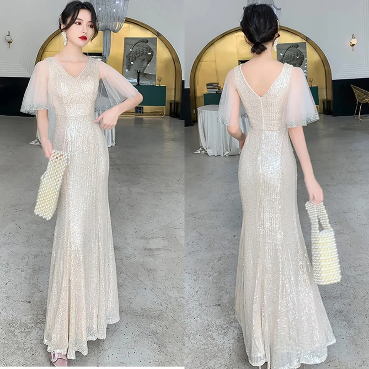 

Evening Dress Champagne Sequins V-Neck Short Sleeves Mermaid Floor Length Plus Size Women Party Formal Gown Robe De Soiree K002