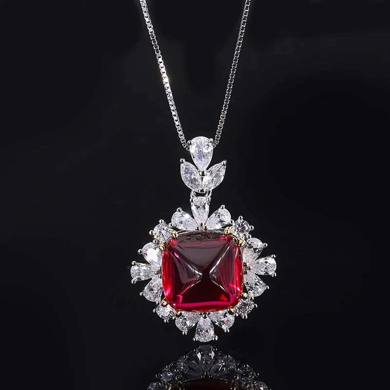 Jewelry S925 Silver Gemstone Red Gemstone Sugar Tower Full Diamond Pendant Ring Earrings Three-Piece Set