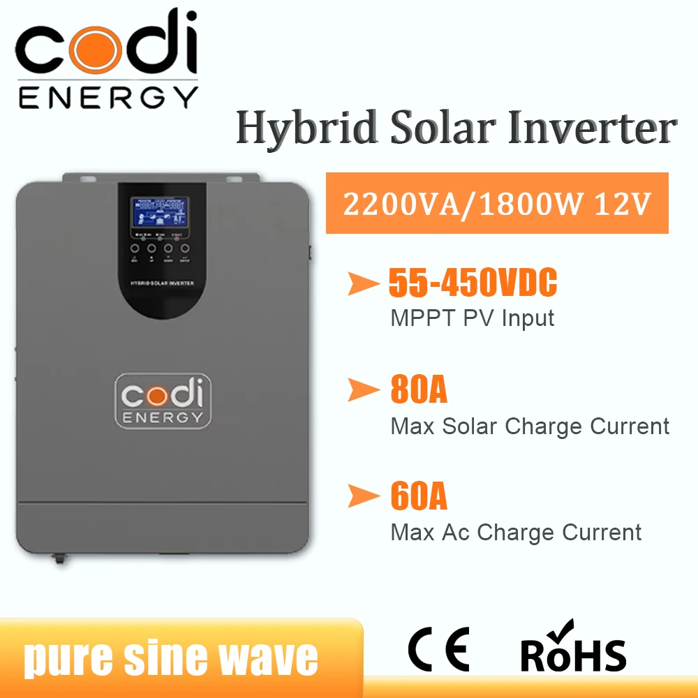 

CODI Hybrid Inverter 1800W Built in MPPT 80A Max Solar Charge Current Inverter Pure Sine 12V 220V 230V Off-Grid Systems