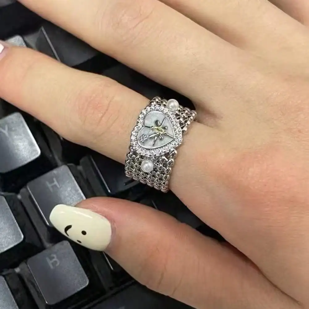 Anillo Ajustable para Mujer con Forma de Corazón, Ancho, Minimalista, con Perla y Estrella de Seis Puntas, Diseño de Alta Gama