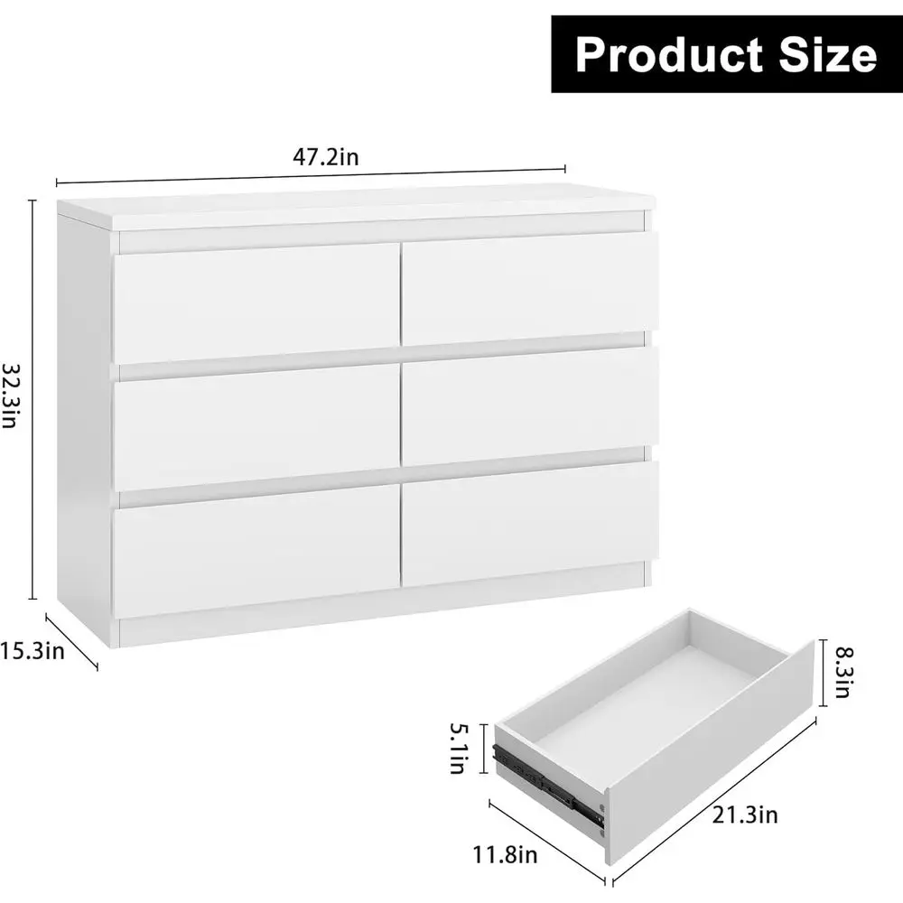 Cômoda DAFIFY com 6 gavetas, 15,3 D x 47,2 L x 32,3 H, armazenamento moderno de madeira, gavetas profundas para quarto, sala de estar, corredor