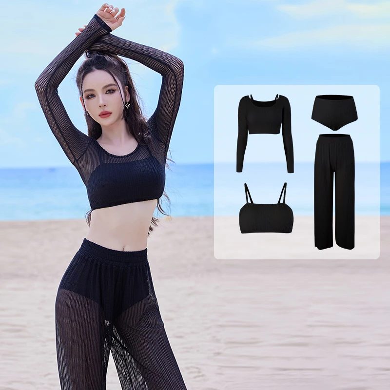 

Long Sleeve Mesh Cover Up Women Solid 4 Pieces Swimsuit Swimwear Bathing Suits Pad Long pants Bikini Sets High Waist