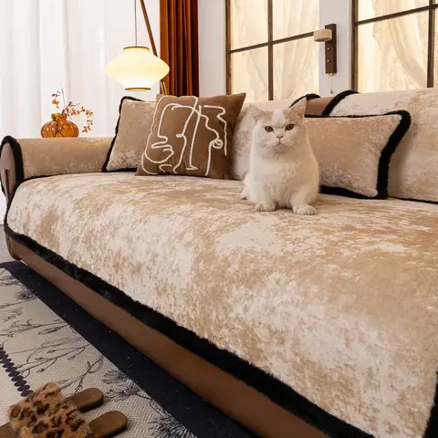 Straight Row Thickened Plush Sofa Cover Cloth Towel New Anti Slip High-end Feeling Sofa Cushion Autumn and Winter Simple Style
