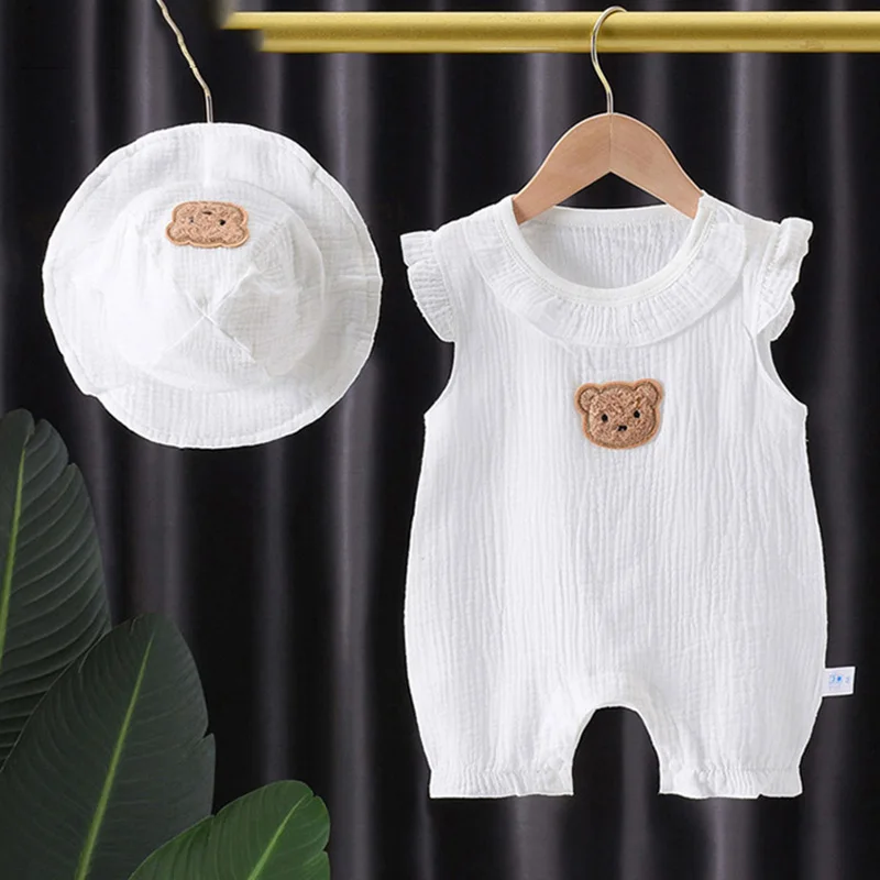 2026 Baby Romper Hat Set Summer Muslin Clothing for Boys Girls Cartoon Bear Jumpsuit Flying Sleeves Infant Onesie 0-24 Month