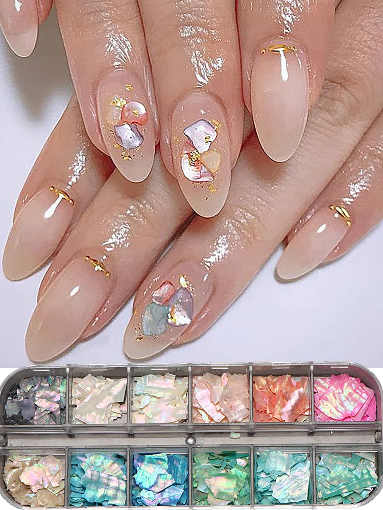 12 siatka brokat płatki muszli Abalone do zdobienia paznokci dekoracje 3D Charms wiosenne letnie plastry DIY Manicure błyskotka akcesoria — zdjęcie 2