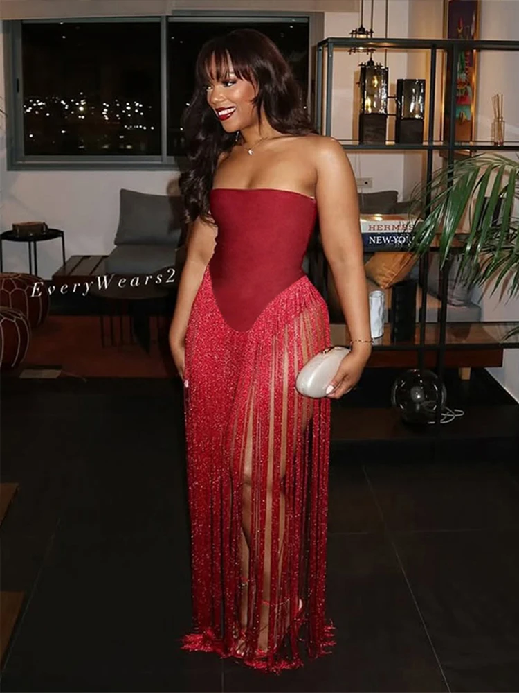 

Cutenew Sexy Valentine's Day Bodysuit Women Strapless Patchwork Tassel Beach Vacation Clubwear Midnight Party Tight Body Tops