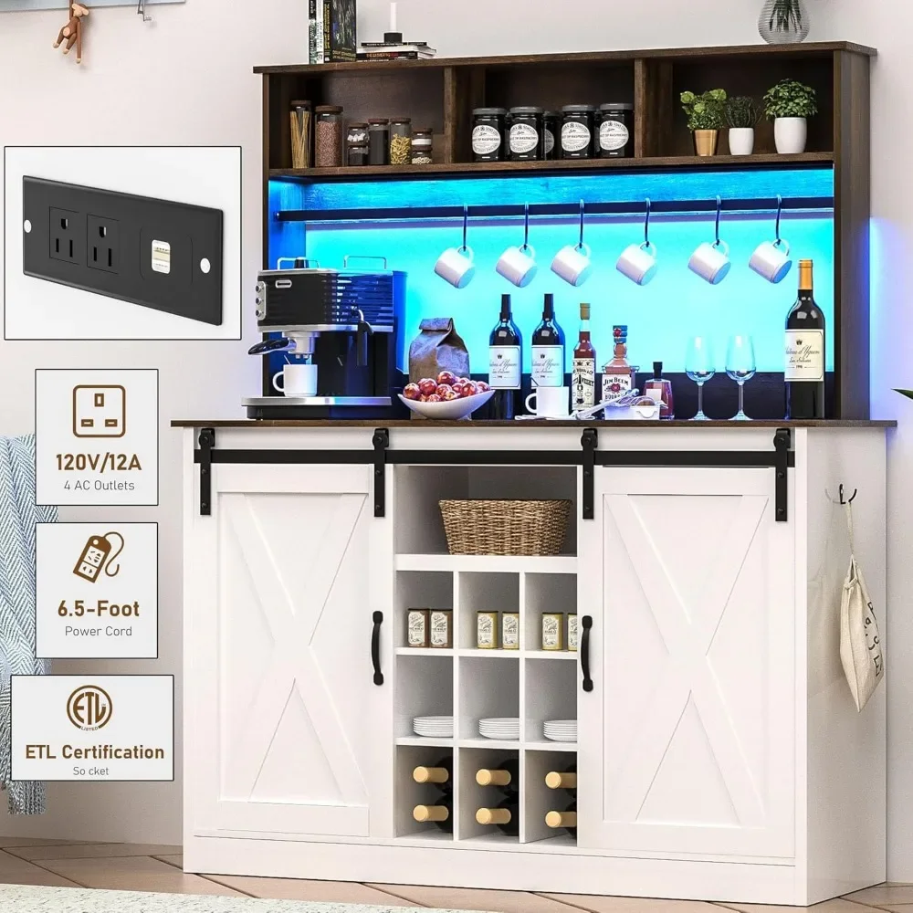 Vinctik 6 & Fox LED Coffee Bar com luzes de 60000 cores, tomada de energia de 6 pés, 7 ganchos, rack de 9 garrafas, prateleira ajustável para chá, licor, vinho