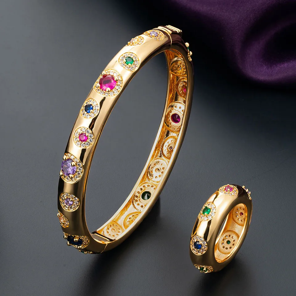 

Zlxgirl jewelry Women Size Gold Colorful Cubic Zircon Wedding Bangle And Ring Jewellery set Fashion women's African Beads Bangle