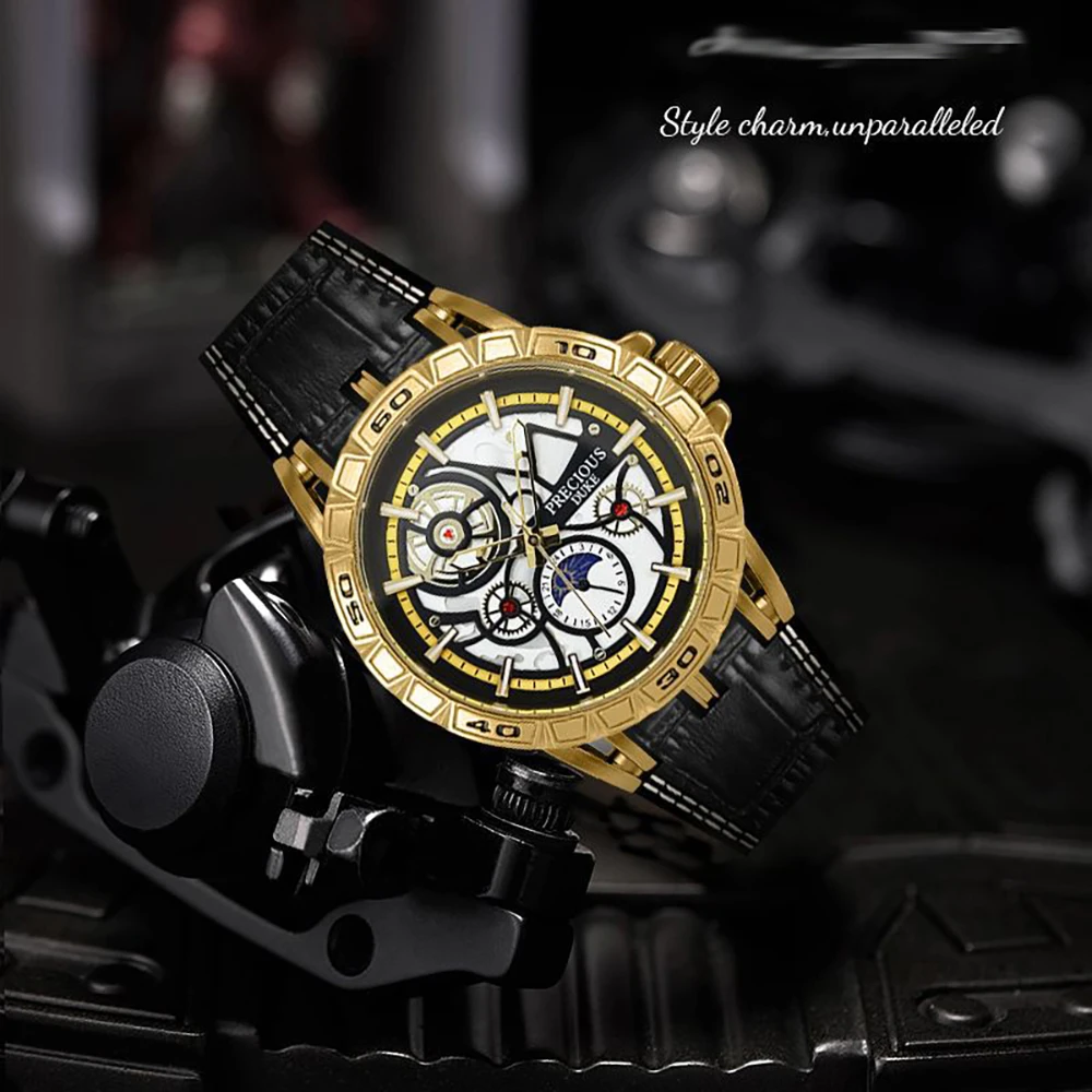 Luxury Men's Quartz Watch Classic Moon Phase Luminous Wristwatch Leather Strap Waterproof Clock Business Reloj Hombre Relogio