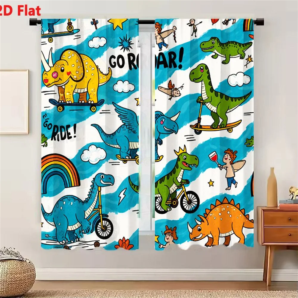2Pcs Curtains 2D Flat Colorful Whimsical Dinosaurs & Mythical Creatures Playful Activities Skateboards Scooters Bicycles Rainbow