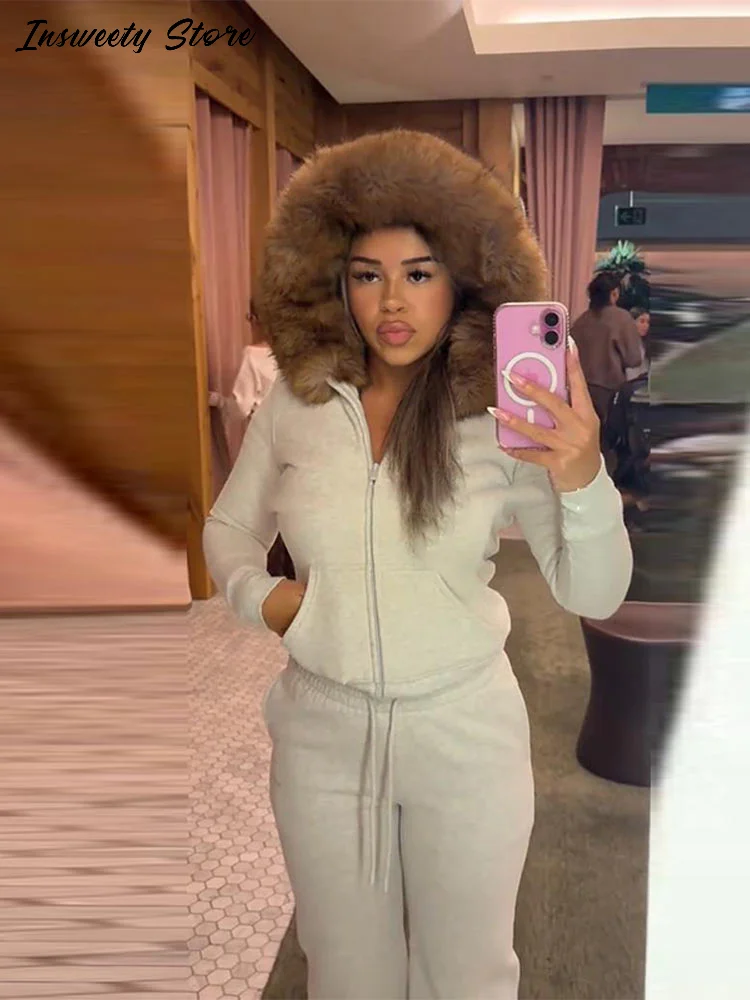 موضة فو الفراء تقليم هوديي المرأة سحابات طويلة شيربا اصطف المعاطف الدافئة 2025 الخريف الشتاء سيدة مريحة ملابس خارجية فضفاضة