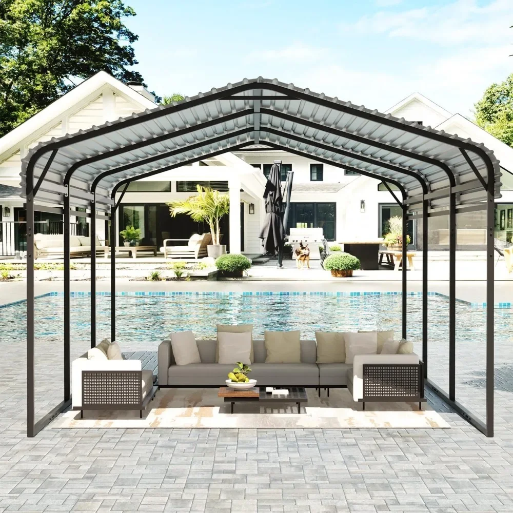 مرآب معدني مقاس 10 × 15 قدمًا، مركبات شديدة التحمل مع سقف فولاذي مجلفن، مظلة مرآب خارجية للسيارة #3