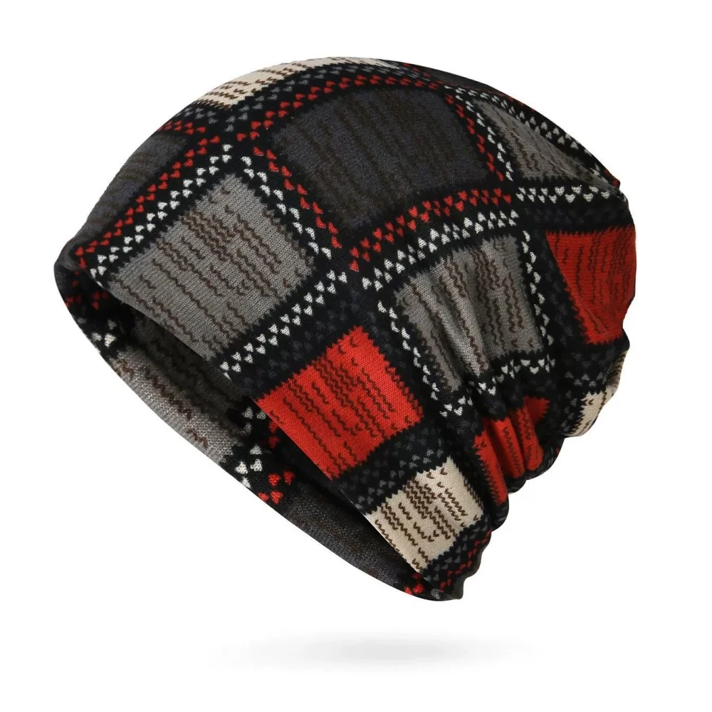 Czapka typu beanie w stylu vintage z nadrukiem, elastyczna, luźna, jesienno-zimowa, wiatroodporna, boho, komin na szyję, klasyczna czapka skull cap w blokach kolorów dla kobiet i mężczyzn