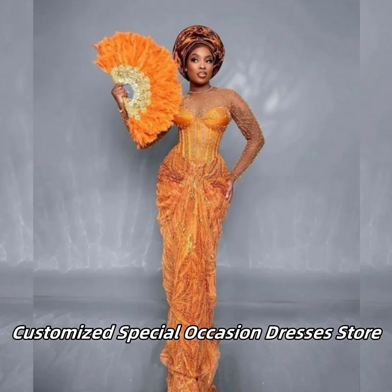 

Orange Tulle Mermaid Evening Dresses African Nigerian Girls Sheer Collar Exquisite Beaded Mermaid Prom Dress Aso Ebi Customized