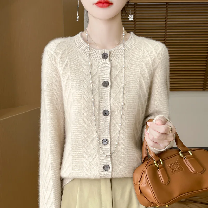 Factory Delivery Wool Seven-Pin Thick round Neck Twisted Brown Cardigan Spring and Autumn New Women's Coat