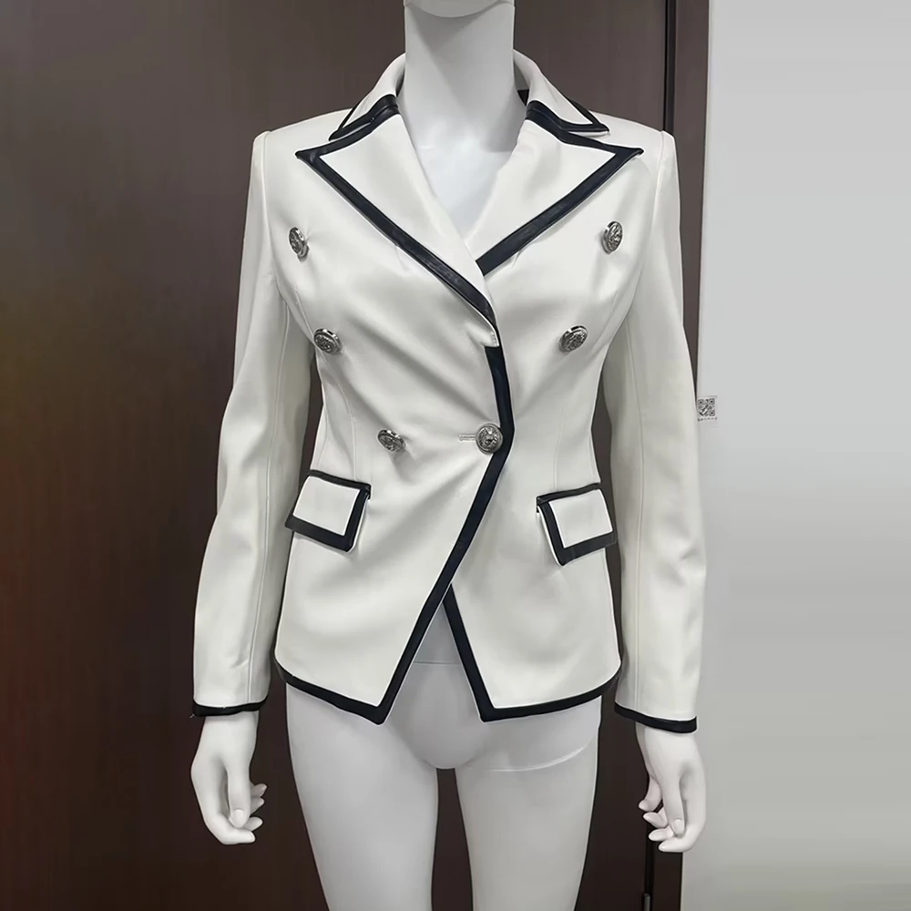 TWOTWINSTYLE Colorblock Slimming Blazer For Women Notched Collar Long Sleeve Tunic Patchwork Button Chic Leather Blazers Female