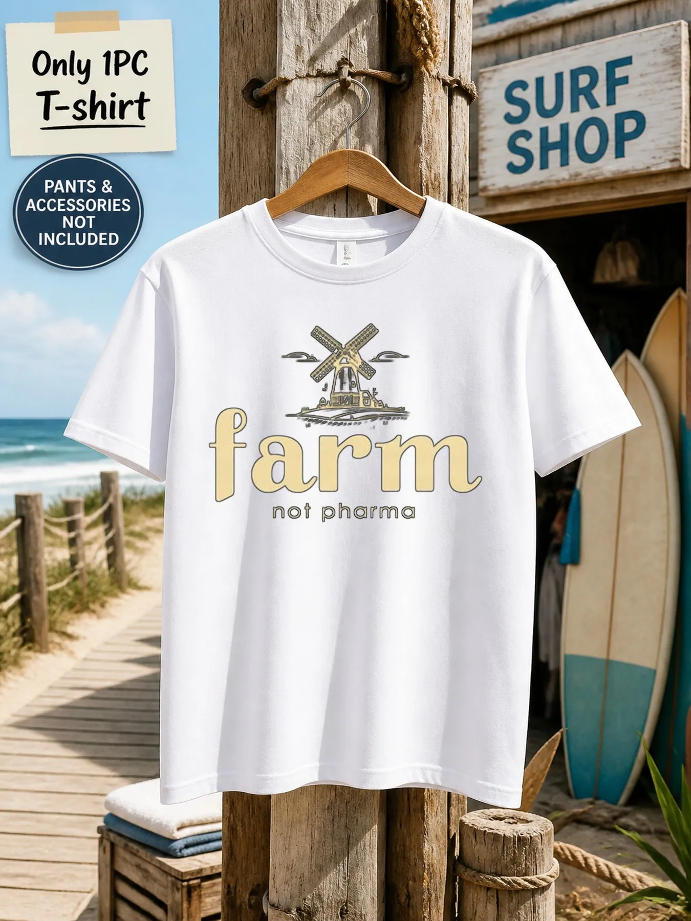 1pc Mens Graphic T Shirt Farm Not Pharma Windmill Print Short Sleeve Crew Neck[solely 1pc T-SHIRT]