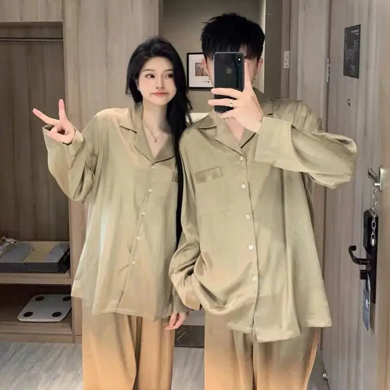 2024 New Couple Green Pyjamas Sets Ladies Long Sleeve Fashion Casual Sleepwear Pajamas Set Men Turn-down Collar and Button Home