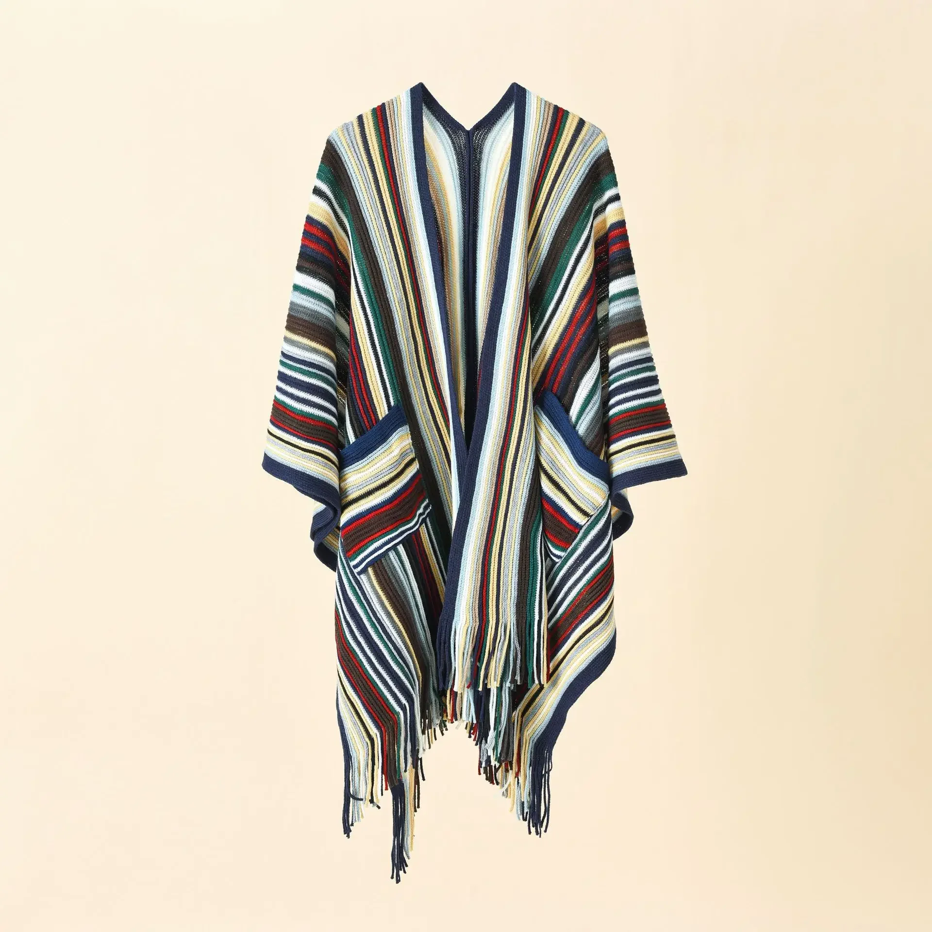 

2024 Summer New Knitted Pocket Color Stripe Warm Female Cloak Women Shawl Lady Sunscreen Sandy Beach Poncho Capes Navy