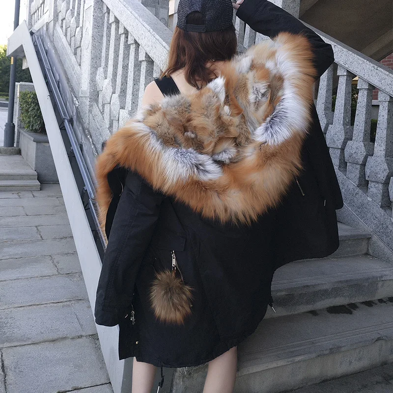 MAOMAOKONG 2023 Red Fox Fur Liner Parkas Real Fur Collar Coat Thick Warm Female Inner Fur Luxury Jacket Woman