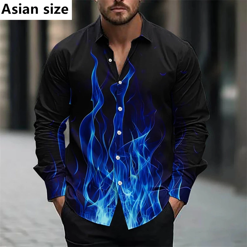 

Fashion Men Shirts Spring And Autumn Casual 3D Flame Print Long Sleeve Shirts Turn-Down Collar Buttoned Tops Pop Mens Clothes