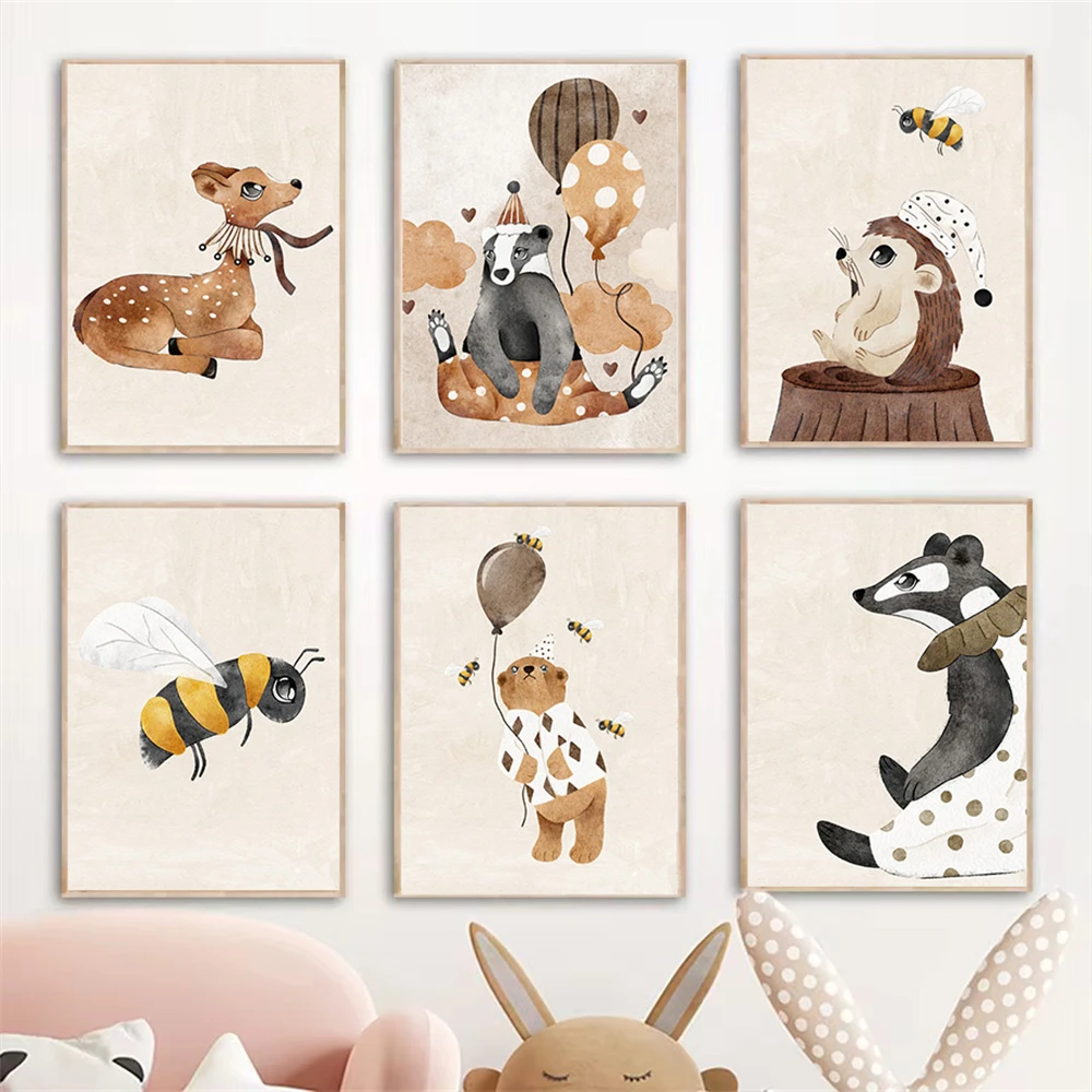 Cartoon Animals Squirrel Bee Deer Bear Poster Wall Art Canvas Painting Nursery Posters And Prints Picture Baby Kids Room Decor