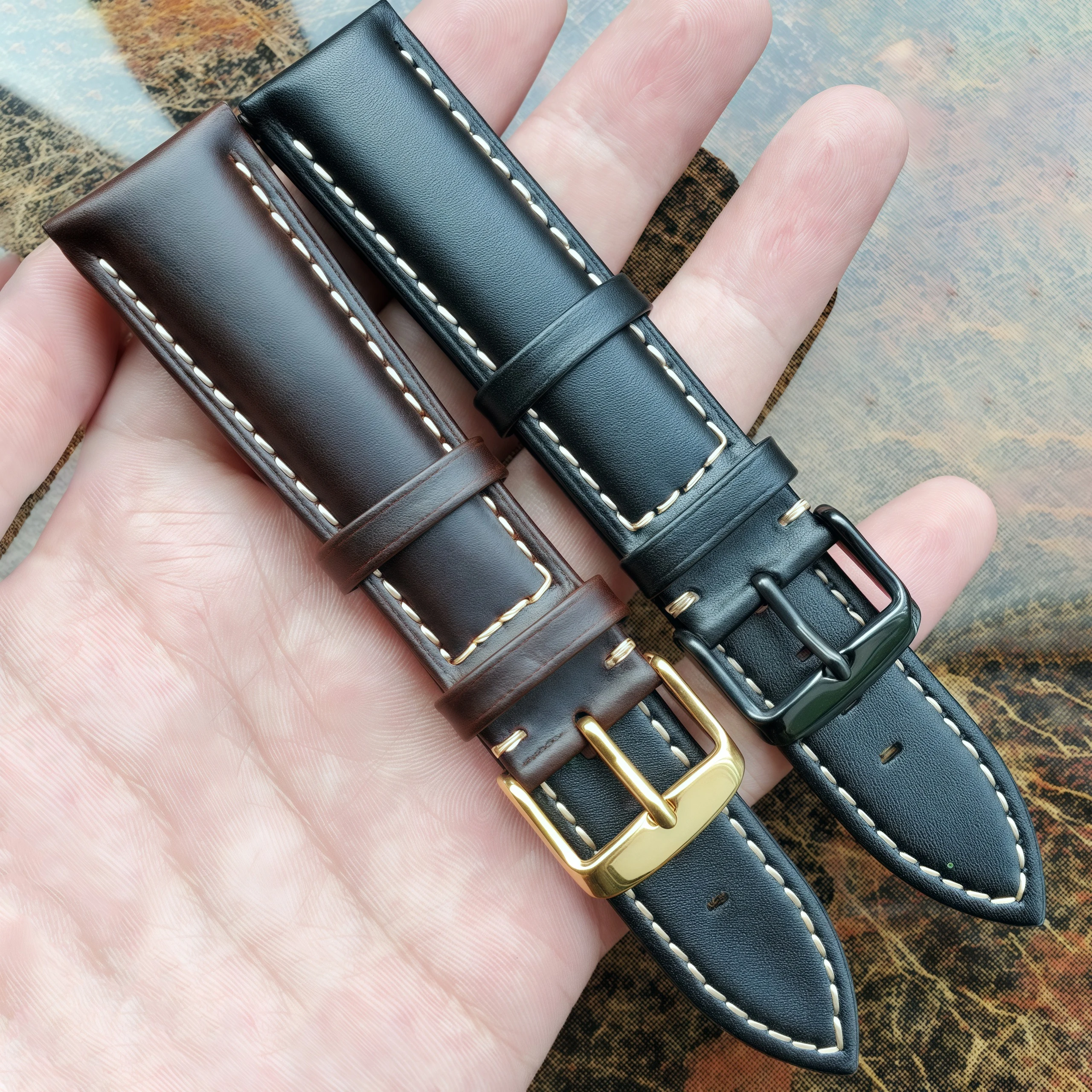 حزام ساعة كلاسيكي من الجلد الطبيعي 18/19/20/21/22/24 ملم حزام أسود بني داكن مع مشبك دبوس فولاذي