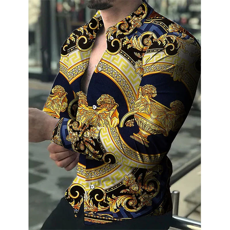 Fashion Luxury Social Men Long Sleeve Shirts Turn-down Collar Buttoned Shirt 2023 Mens Party Clothing Casual Flower Print Tops