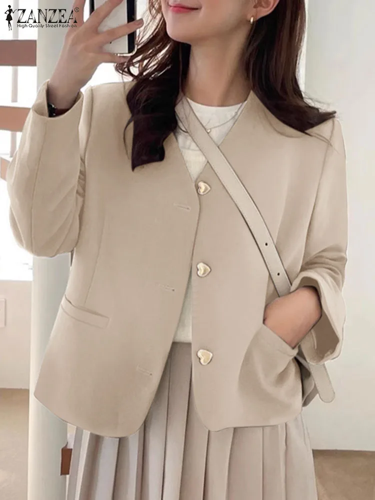 Women Blazer ZANZEA Autumn Solid Suits Outwear V Neck Long Sleeve Blouse Casual Work OL Jackets Female Casual Buttons Thin Coats