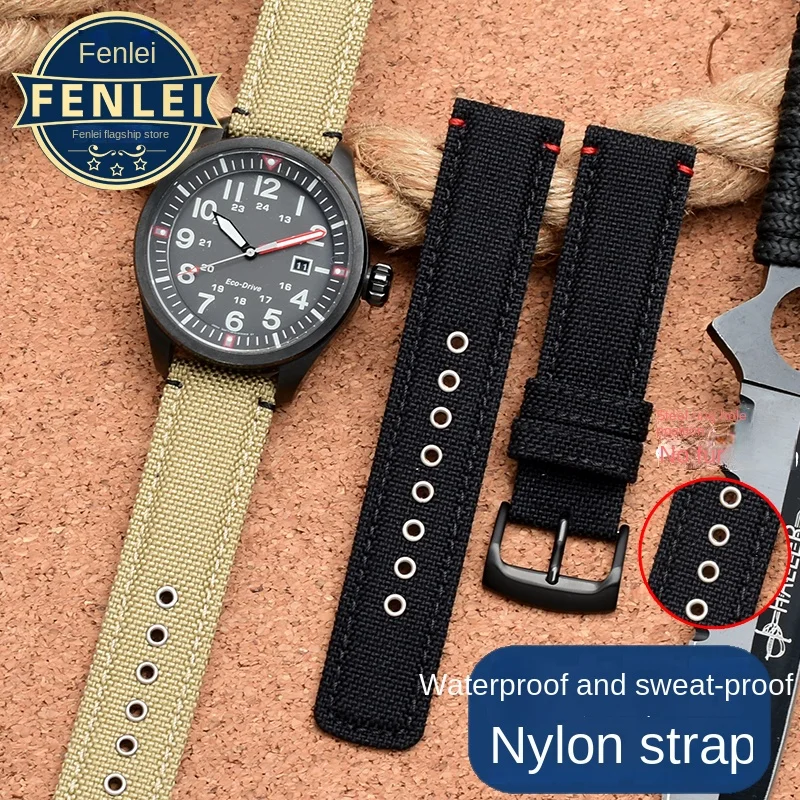 Nylon Watch Strap For Citizen Eco Drive Aw5005/1365 Timex Seiko Bracelet Men\'s Waterproof Cowhide Bottom Canvas Watch band 20MM