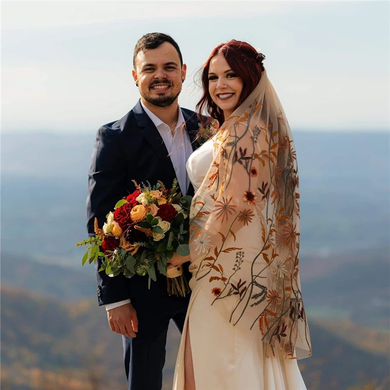 Bordado Floral Véus De Casamento Com Pente, Folhas Caindo De Noiva, Acessórios De Cascão, Laces Curtos De Tule, Flores Para Noiva, Outono