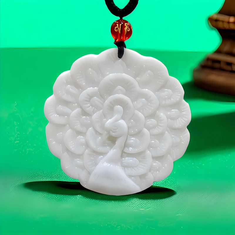 White Natural Real Jade Peacock Pendant Necklace Vintage Amulet Accessories Charm Gifts for Women Men Chinese Luxury