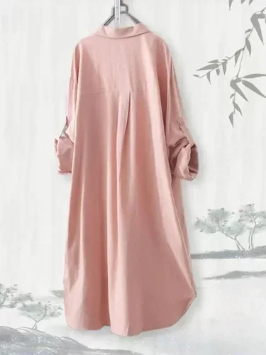 Imagen 2 del producto Blusas holgadas y transpirables de talla grande, camisa por debajo de la rodilla, camisas informales coreanas de otoño para mujer, camisas de manga larga lisas simples para mujer