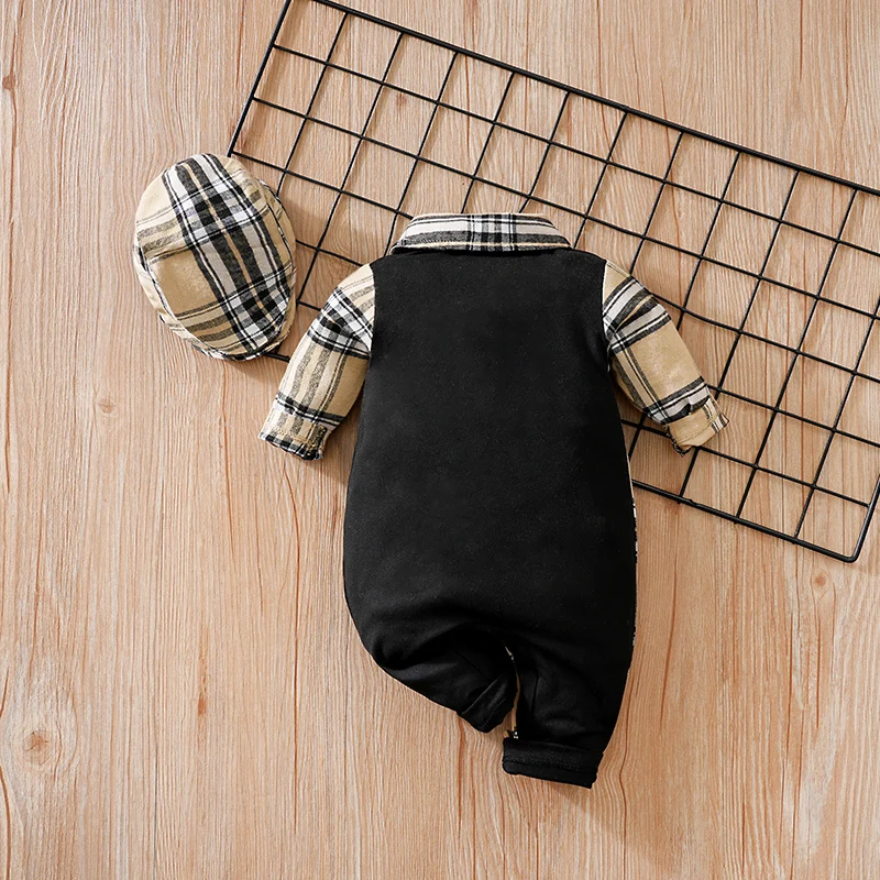 Newborn Clothes With Grid Splicing Comfortable For Boys And Girls Spring And Autumn Long Sleeved Baby Jumpsuit+Hat Two-Piece Set
